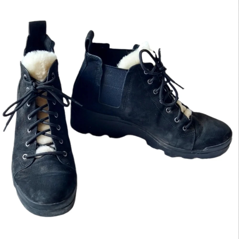 Eileen Fisher black suede leather and fleece Wedge boots booties shoes